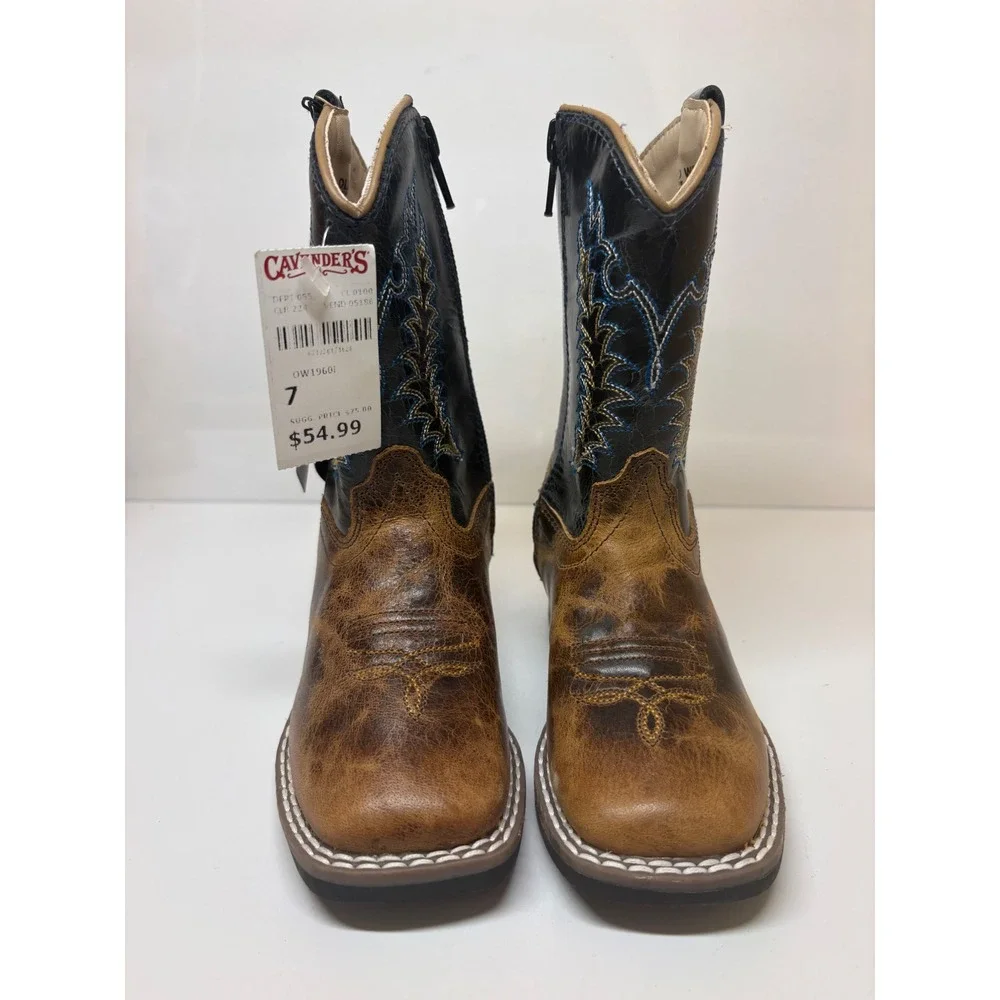 Old West Toddler Boys Brown Black Leather Square Toe Cowboy Boots BSI1960 Sz 7D